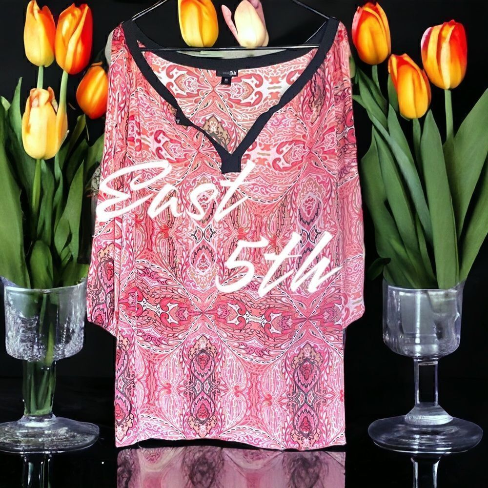 East 5th l Sheer l Tunic Top Blouse l Pink/Red Black Trim l 3/4 Sleeve l 3X EUC
